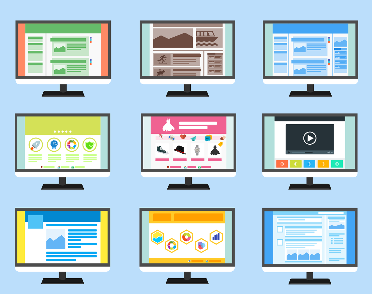 Ilustração com nove telas de computador mostrando páginas diferentes da web.