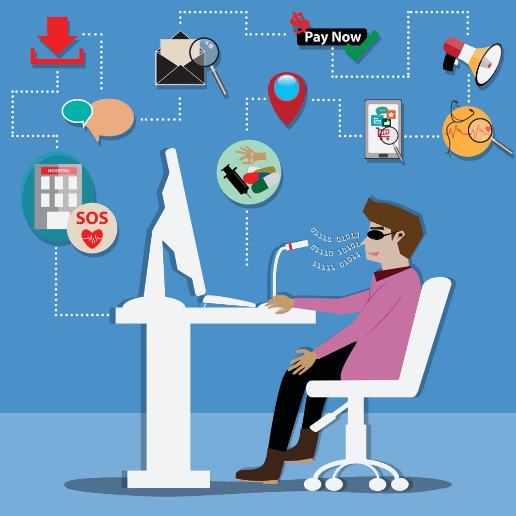 Ilustração de uma pessoa sentada na frente de um computador com diversos ícones ao redor. 