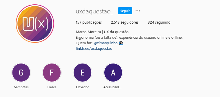 Reprodução da área inicial do perfil do Instagram UX da Questão. No canto superior esquerdo, há o logo da iniciativa com diversas cores e "UX". 