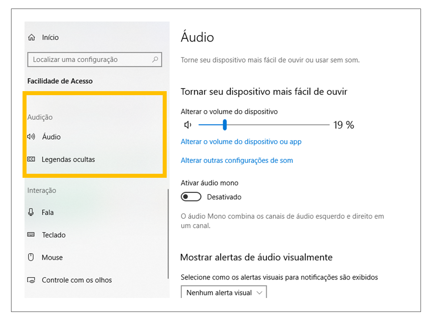 Print da tela de Configurações do Windows com destaque em “Facilidade de Acesso” e no menu “audição”.