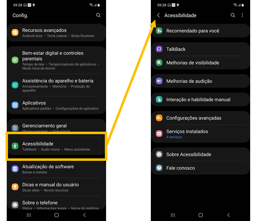 Print da tela do celular que mostra o menu de acessibilidade com diversas opções.