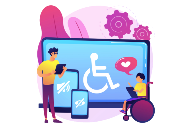 Ilustração em tons de azul, rosa, roxo e amarelo de duas pessoas - uma em pé e outra em uma cadeira de rodas - em frente a três telas de equipamentos digitais em tamanhos diferentes. Em cada uma há um símbolo relacionado à acessibilidade.