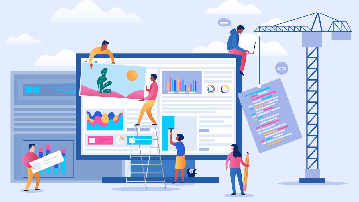 Ilustração de um grupo de pessoas colaborando na criação de um site, com elementos visuais de design, codificação e construção.