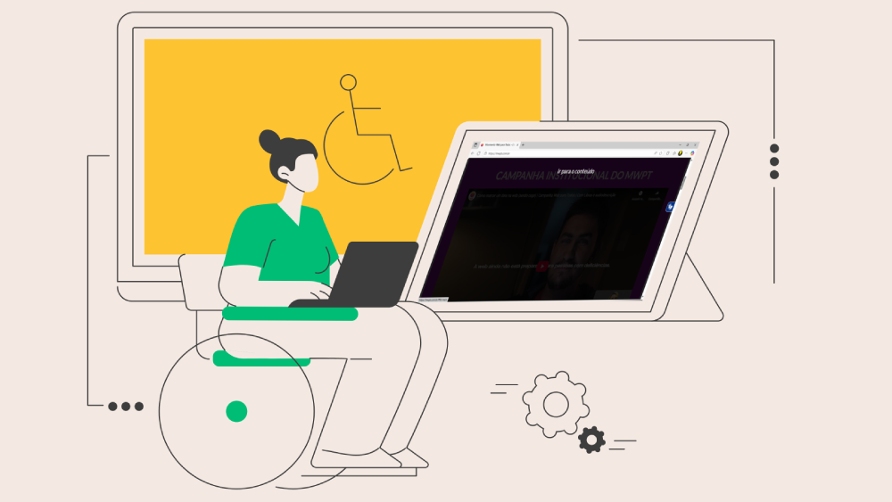 Ilustração de uma mulher em cadeira de rodas com as mãos sobre o teclado de um notebook apoiado em suas pernas. Atrás dela há um quadro com o símbolo da acessibilidade e ao lado um grande monitor com um link de atalho projetado na tela.