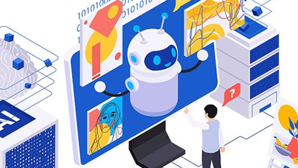 Ilustração de um grande computador com um robô assistente na tela, mostrando diversas telas. Em frente do computador há uma pessoa em tamanho reduzido fazendo pedidos para o computador executar.