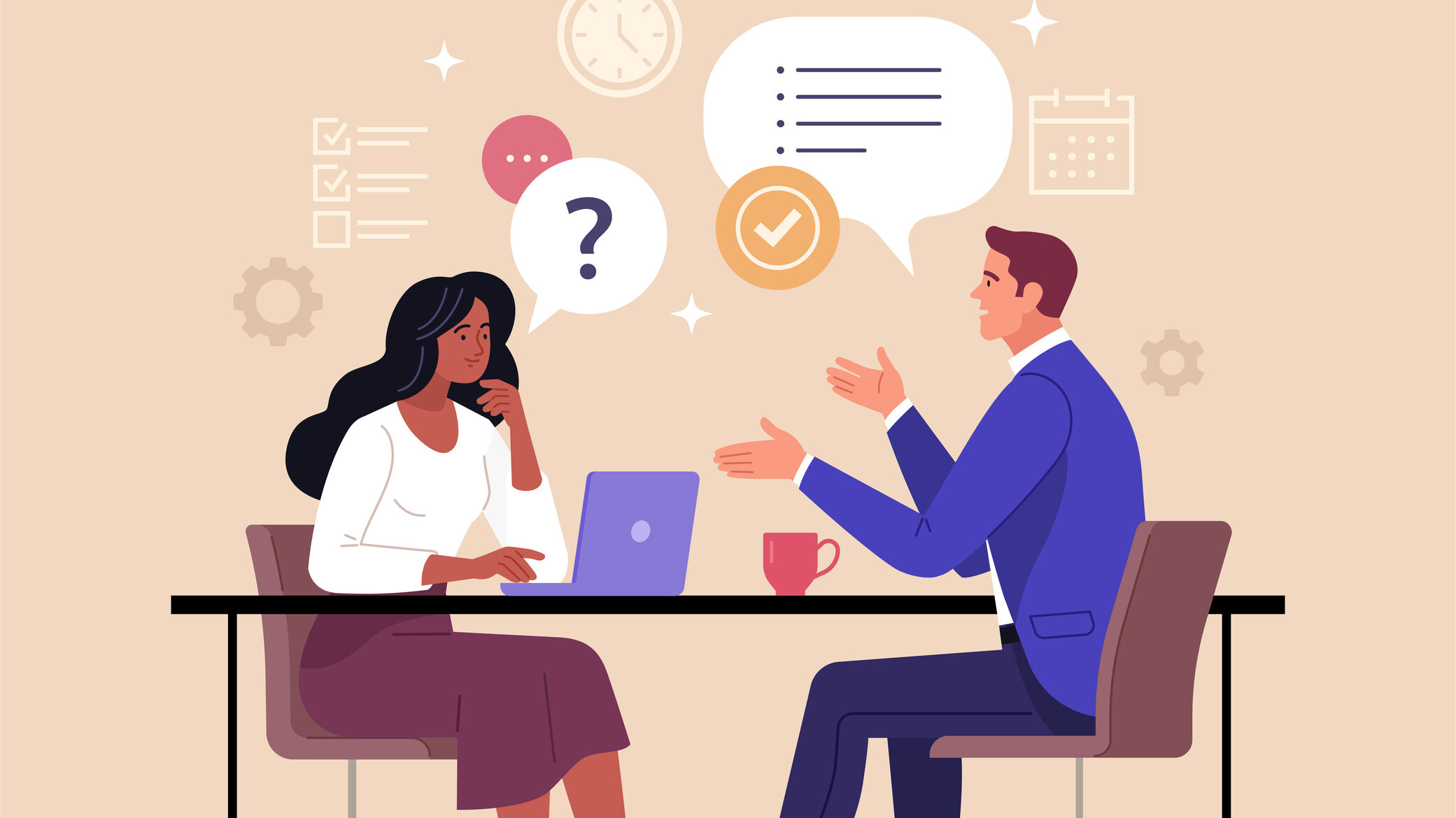 Ilustração de uma mulher negra e um homem branco com roupas formais sentados frente a frente em uma mesa. Ela está com uma das mãos no teclado do laptop e ele com as mãos estendidas e boca aberta, sinalizando conversa. Ao redor deles há balões de diálogo.