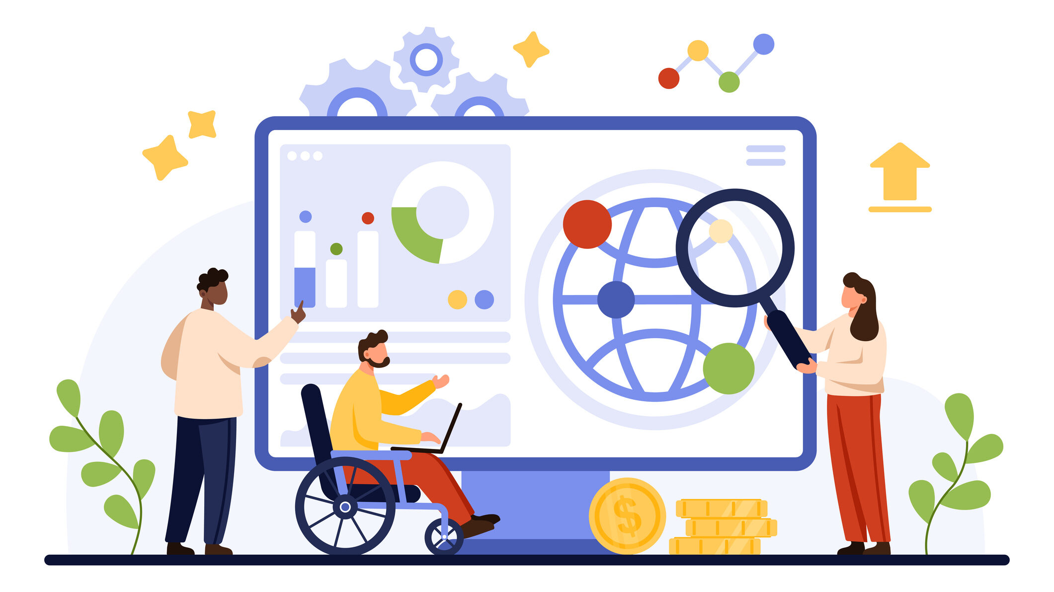 Ilustração de três pessoas, incluindo uma em cadeira de rodas, que analisam dados em uma tela grande com gráficos.