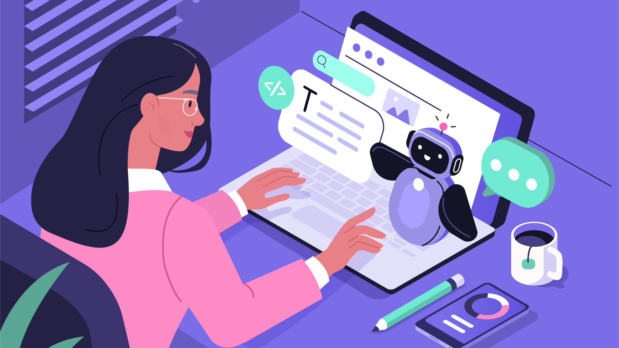Ilustração de uma pessoa com cabelo longo e óculos, com as mãos no teclado de um laptop sobre uma mesa com caneca, celular e lápis. Saindo da tela há um assistente de IA em forma de robô, caixas de diálogo com texto, imagem, entre outros elementos que remetem a conteúdo digital.