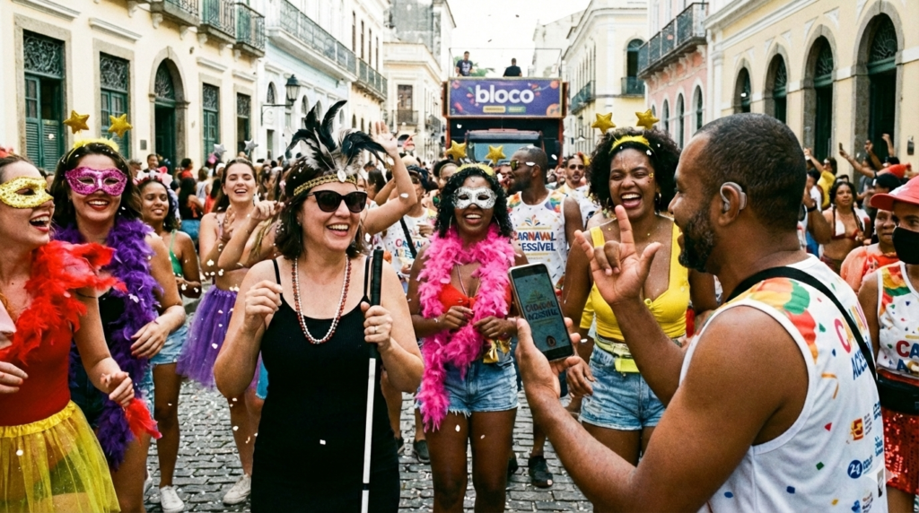 Foto gerada por IA de grupo diverso de pessoas sorrindo e celebrando o Carnaval de rua com fantasias coloridas, adereços de cabeça, máscaras, penas e abadás. Em destaque, uma mulher cega, de óculos escuros e regata preta, segura uma bengala branca e um homem surdo, com aparelho auditivo na orelha esquerda, segura um celular e faz o sinal de “eu te amo” em Libras. Ao fundo, um trio elétrico.