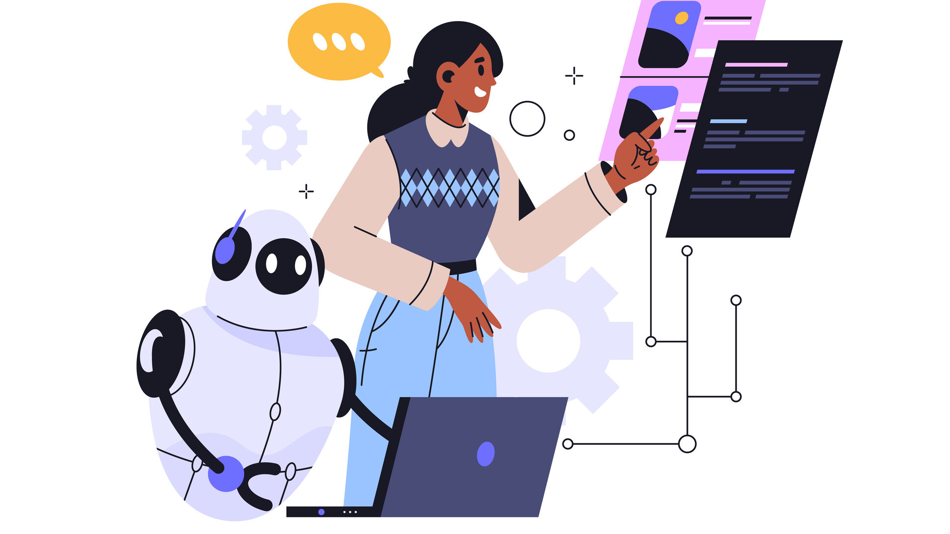 Ilustração vetorial de uma mulher negra e um robô branco lado a lado diante de um laptop aberto. A mulher aponta para janelas de interface flutuantes com imagens e textos, enquanto engrenagens e ícones de conexão decoram o fundo em tons de azul, bege e roxo.