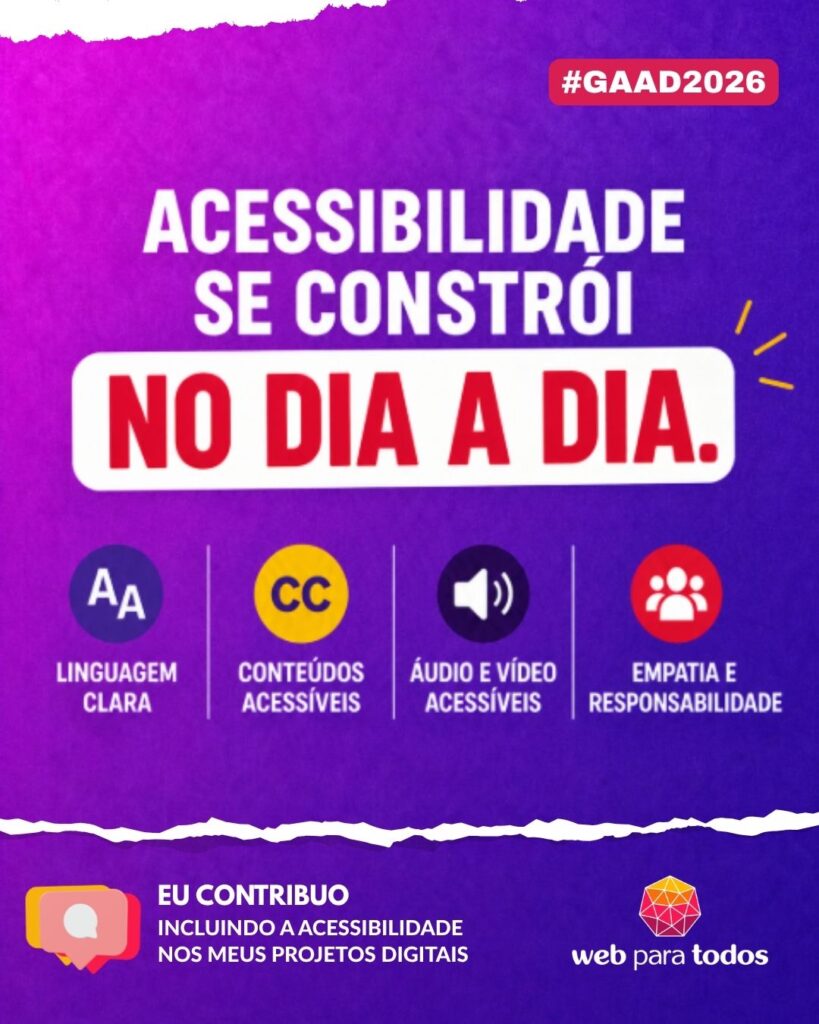 Arte com fundo em degradê azul e roxo e o texto: “Acessibilidade se constrói no dia a dia. Eu contribuo incluindo acessibilidade nos meus produtos digitais.” Há ícones que remetem à linguagem clara, conteúdos acessíveis, áudio e vídeo acessíveis, e empatia e responsabilidade. Há também a hashtag #GAAD2026 e o logotipo do WPT.
