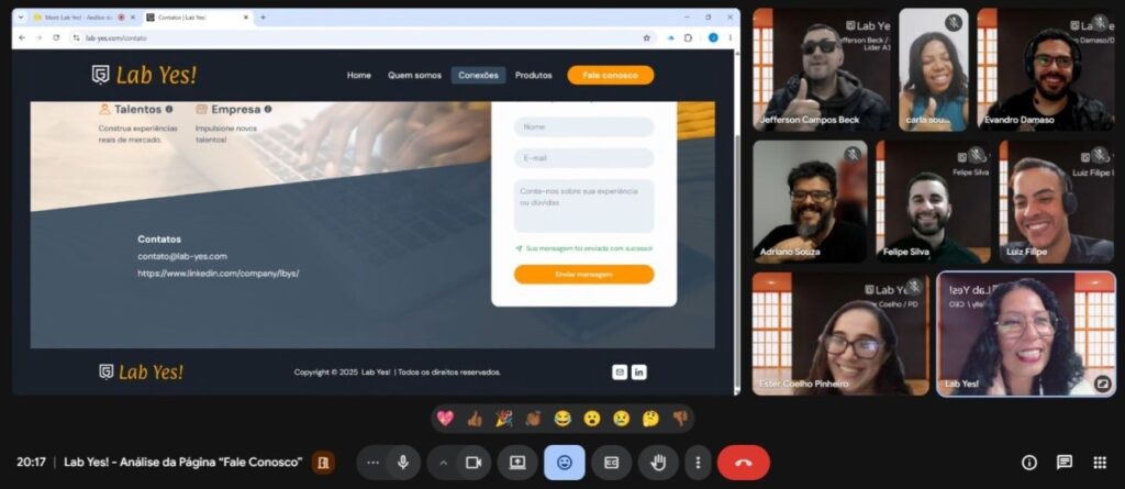 Captura de tela do encontro online com diversas mini janelas, lado a lado, que exibem o rosto das pessoas participantes. 