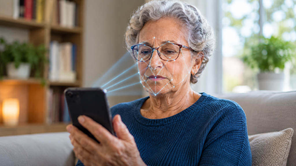Foto de mulher idosa segurando um celular com a tela apontada para seu rosto. Dele saem sinais luminosos que marcam pontos distintos em seu rosto. Ela está sentada em um sofá em um ambiente fechado com algumas plantas e prateleira com livros.