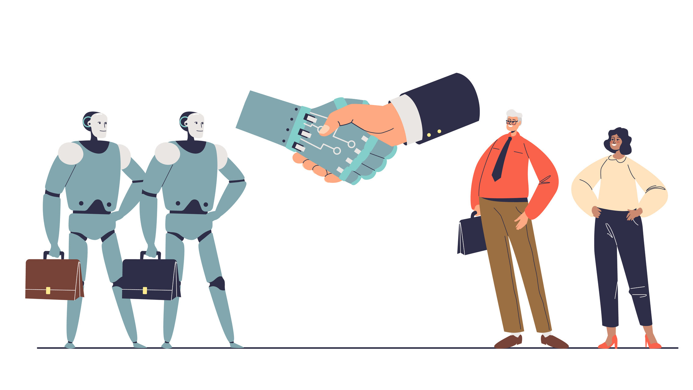 Ilustração de dois robôs e dois profissionais humanos de pé em lados opostos. Ao centro, um aperto de mão entre humano e máquina firma uma parceria.
