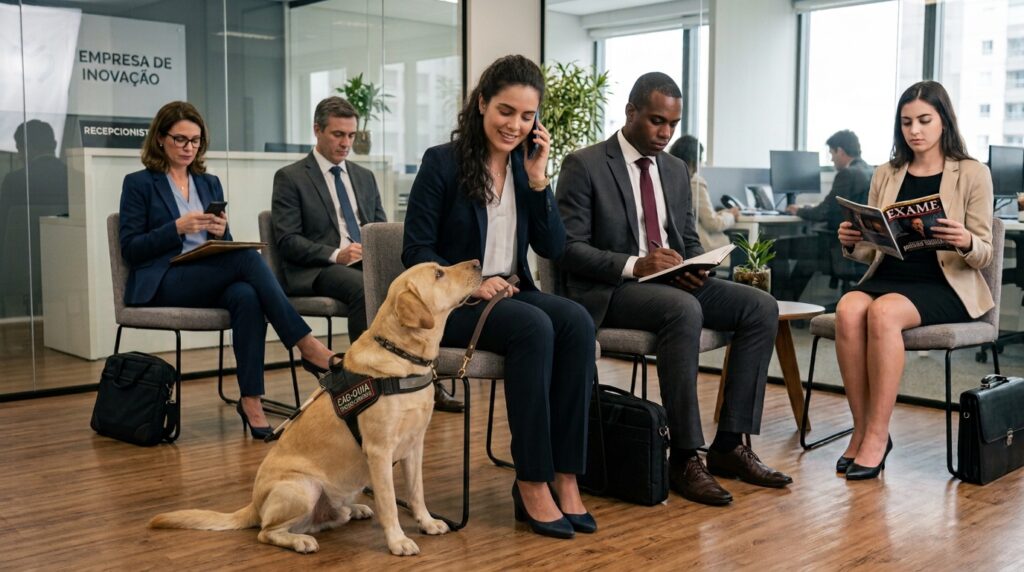 Foto de cinco pessoas em traje social sentadas na recepção de uma empresa. No centro, uma mulher segura o celular próximo ao ouvido e está acompanhada por seu cão-guia da raça labrador.