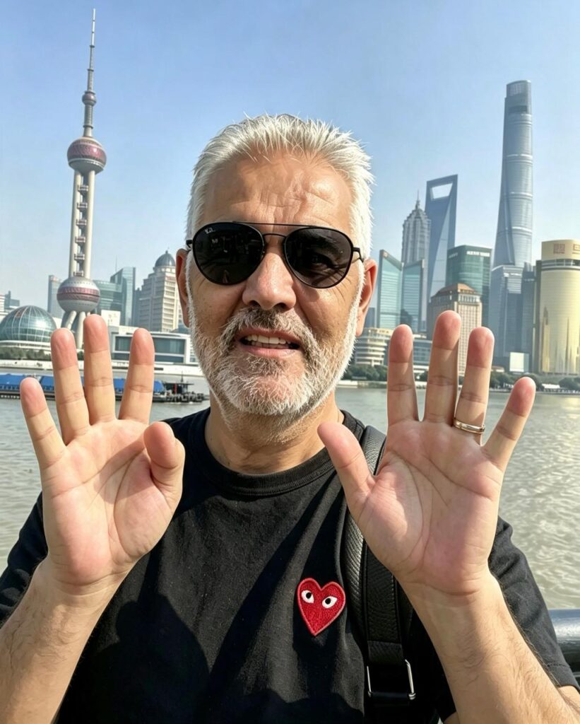 João Bezerra Leite sorri enquanto faz o número 4 com os dedos da mão direita e o número 5 com a mão esquerda, simbolizando o número 9.
