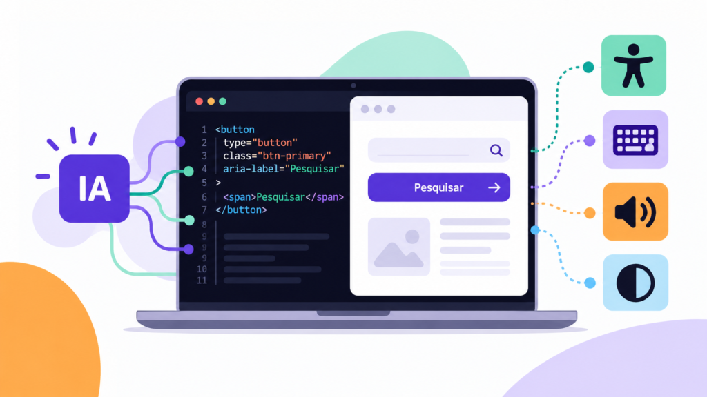 Ilustração de um notebook com uma tela dividida entre linhas de código e a prévia de uma página web com campo de busca e botão “Pesquisar”. À esquerda, um ícone com as letras “IA”. À direita, ícones de acessibilidade representam uma pessoa de braços abertos, teclado, áudio e contraste.