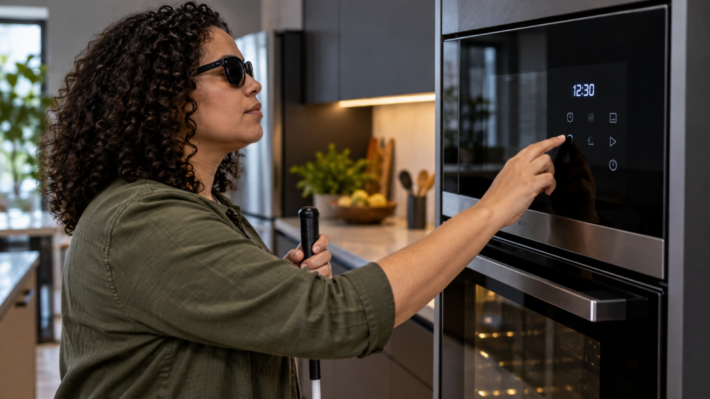 Mulher de óculos escuros e bengala branca toca o painel digital de um forno em uma cozinha.